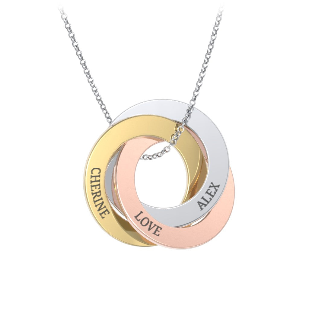Engraved Tri Color Interlocking Russian Rings Necklace