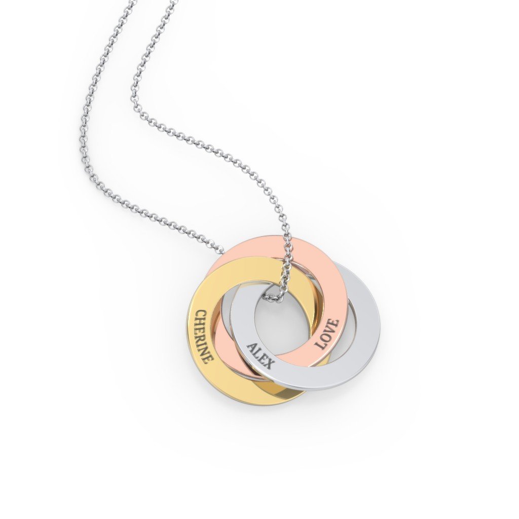 Engraved Tri Color Interlocking Russian Rings Necklace