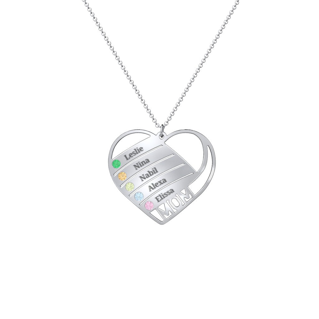 Engravable "Mom" Heart 2-5 Birthstone Necklace