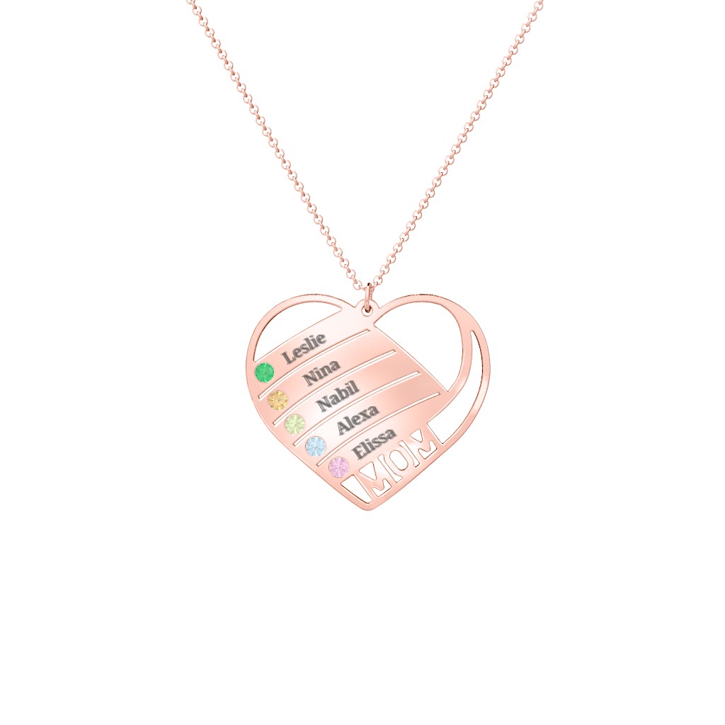 Engravable "Mom" Heart 2-5 Birthstone Necklace