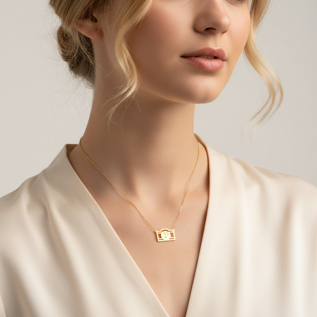 Gold Camera Necklace Model Shot