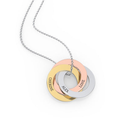 Engraved Tri Color Interlocking Russian Rings Necklace