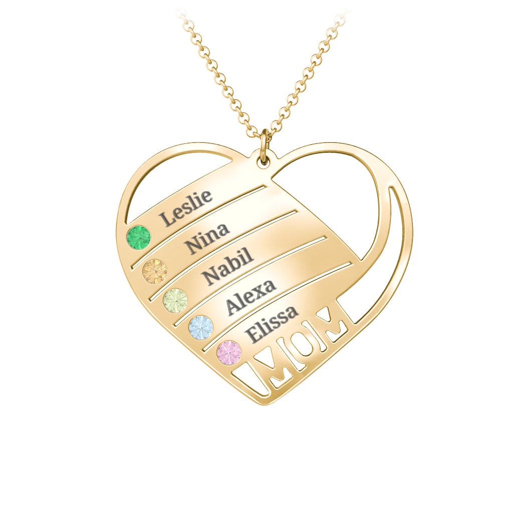 Engravable "Mom" Heart 2-5 Birthstone Necklace