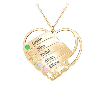 Engravable "Mom" Heart 2-5 Birthstone Necklace