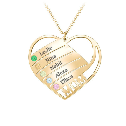 Engravable "Mom" Heart 2-5 Birthstone Necklace