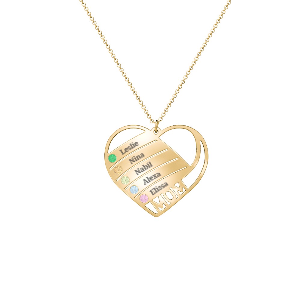 Engravable "Mom" Heart 2-5 Birthstone Necklace