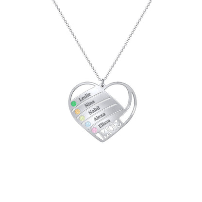 Engravable "Mom" Heart 2-5 Birthstone Necklace