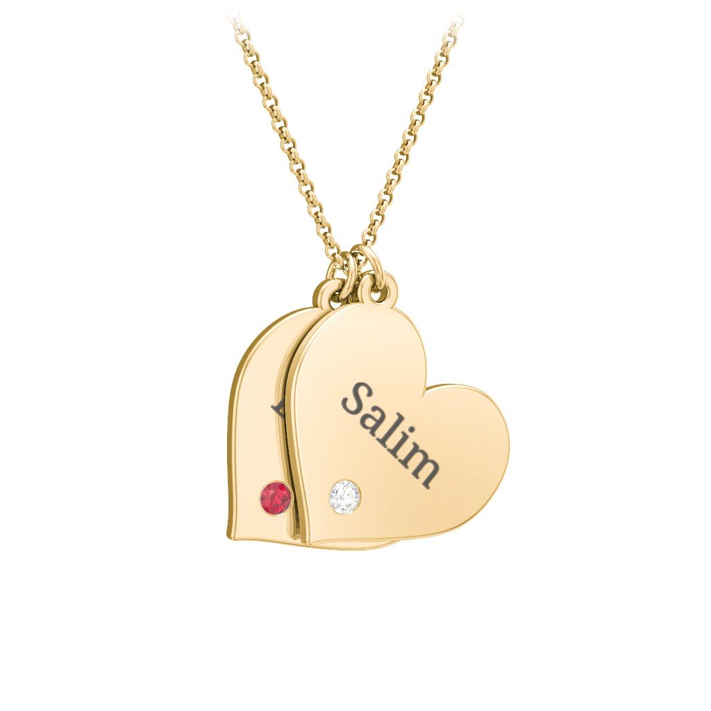 Engravable Hanging 2 Hearts Necklace with Birthstones