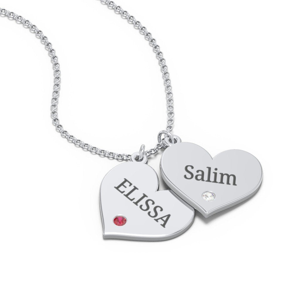 Engravable Hanging 2 Hearts Necklace with Birthstones
