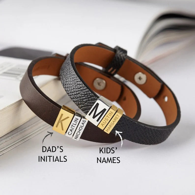 DAD's initial & Kids Names Leather bracelet