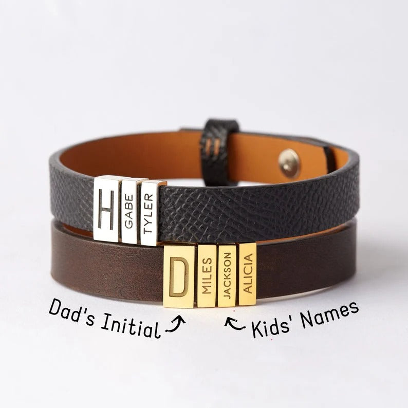 DAD's initial & Kids Names Leather bracelet